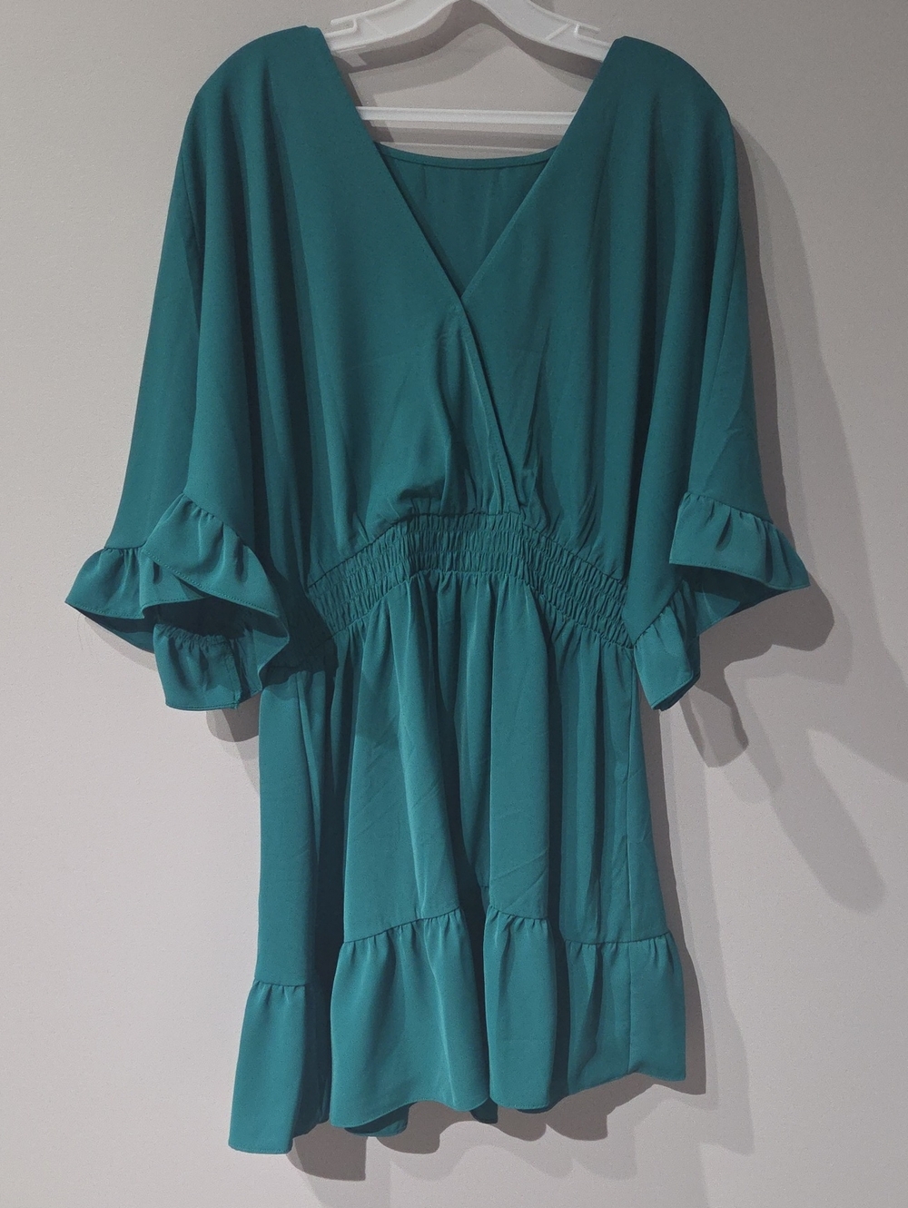 Teal V-neck Ruffle Sleeve Dress